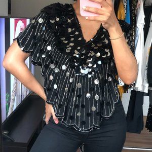 Argenti Vintage Black Silk Beaded Batwing Blouse